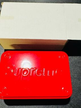 Supreme glossy red embossed tin box